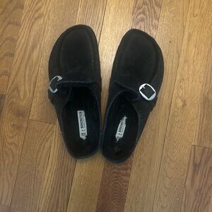 Birkenstock Black Suede Buckle Slip-Ons